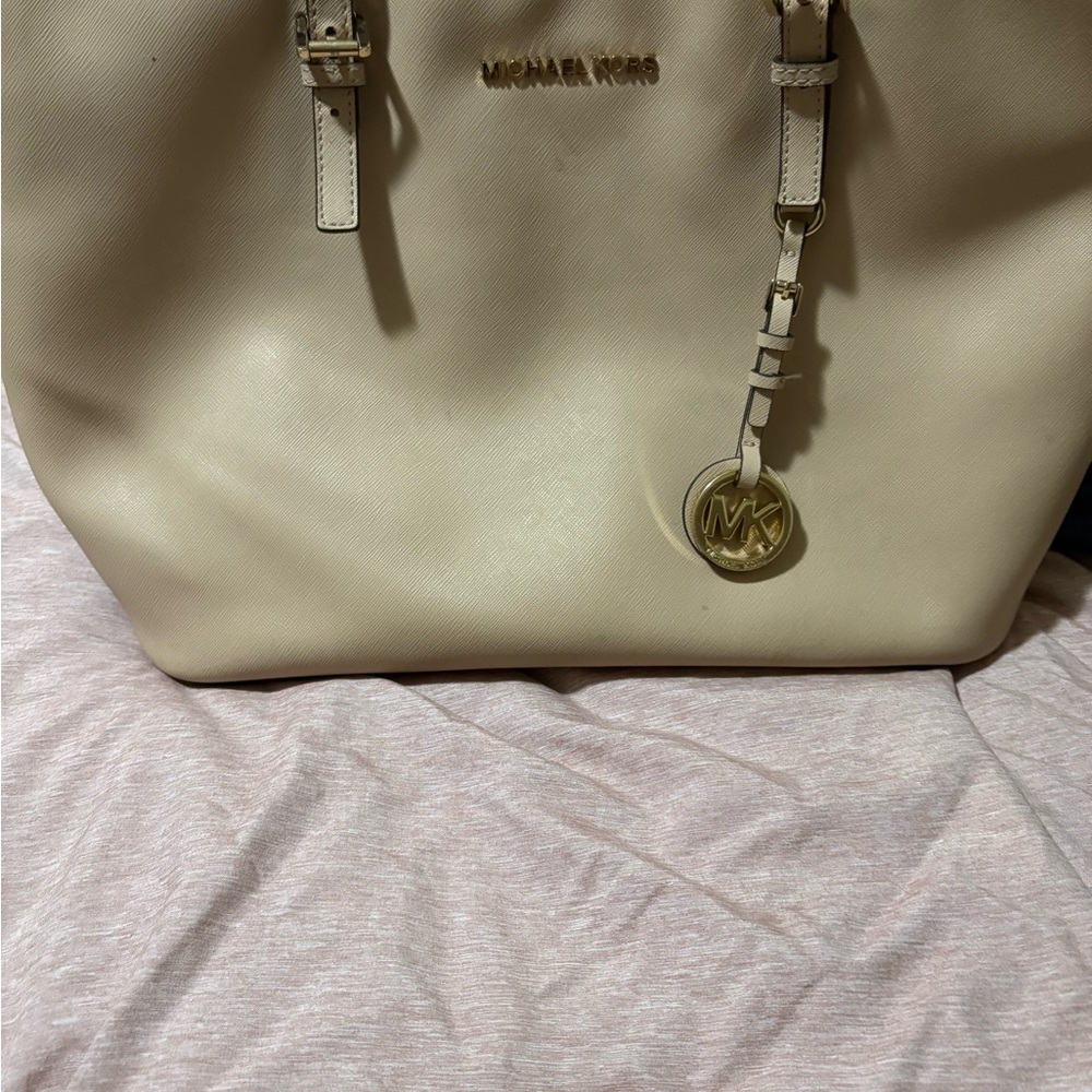 Michael Kors Cream Leather Tote with Silver Hardware